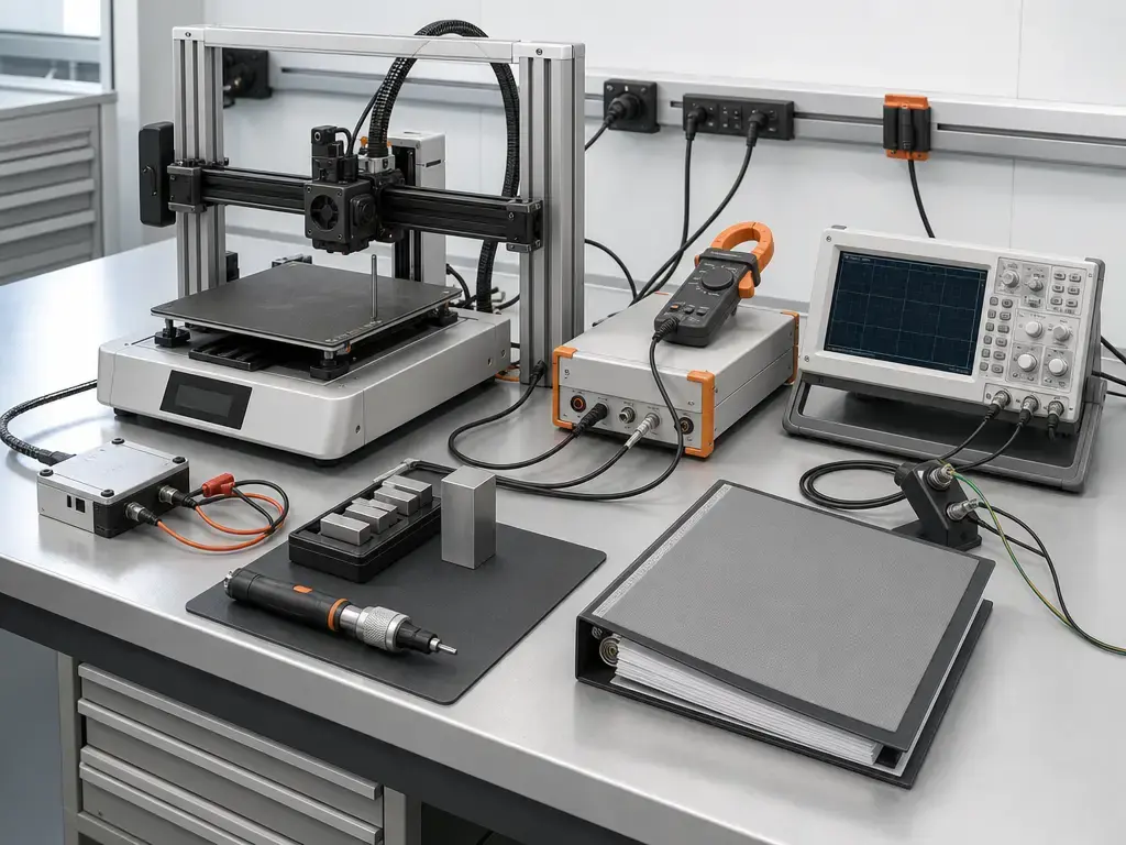3D printer compliance testing setup with probes and measurement instruments