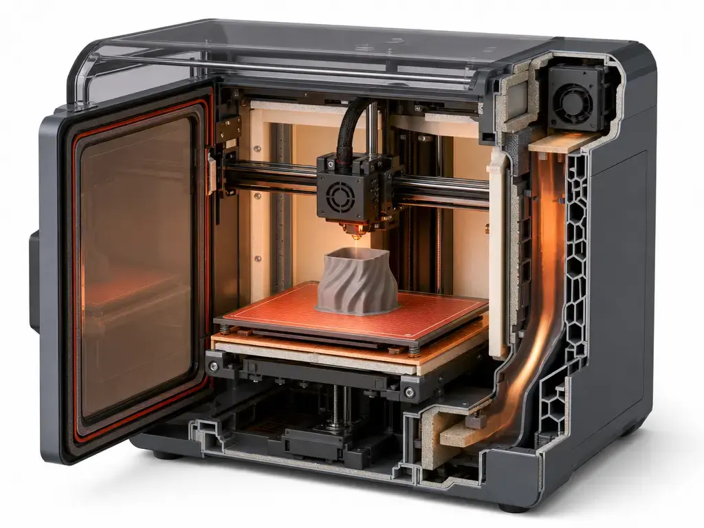 Cutaway of enclosed 3D printer showing heated chamber and airflow path