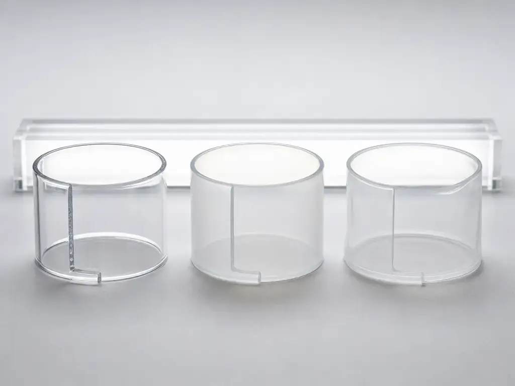 Comparison of clear PETG, clear PLA, and PVB 3D printed sample cups.