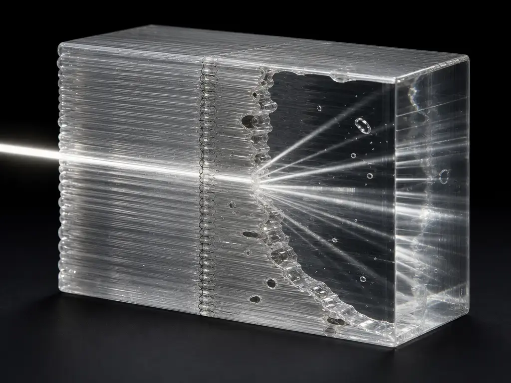 Cutaway of a transparent 3D print showing layer lines and voids scattering light.