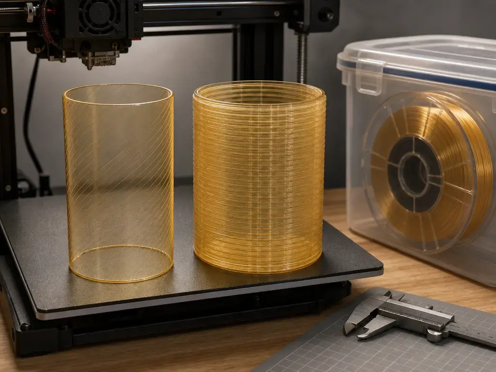 Single-wall and multi-wall clear PETG 3D prints beside a dry filament spool.