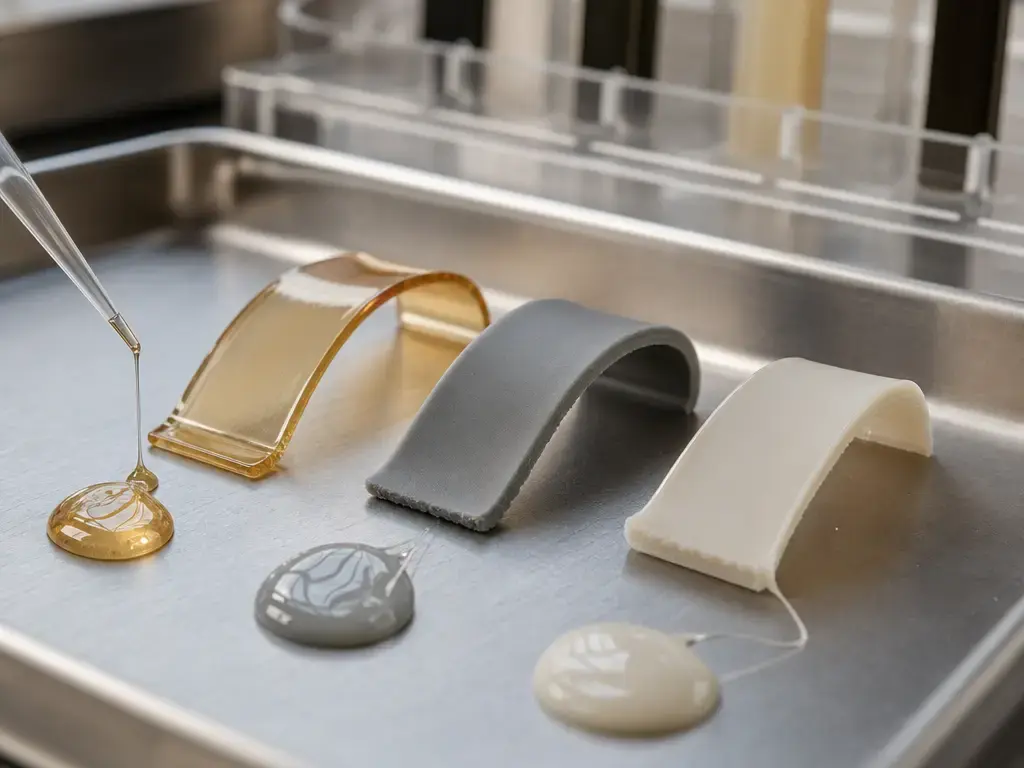 CLIP resin material macro with cured samples and liquid resin droplets