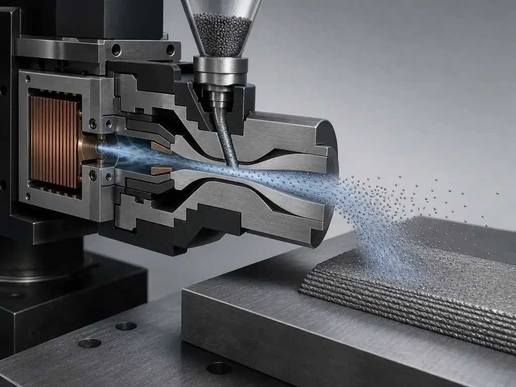 Cold spray AM cutaway showing nozzle, powder feed, gas jet, and particle impact on a substrate.