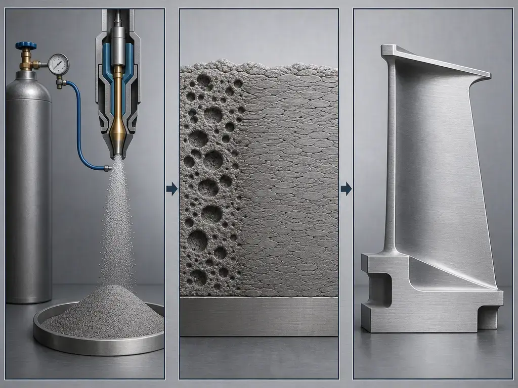 Cold spray AM comparison of process inputs, deposit quality, and finished machined part.