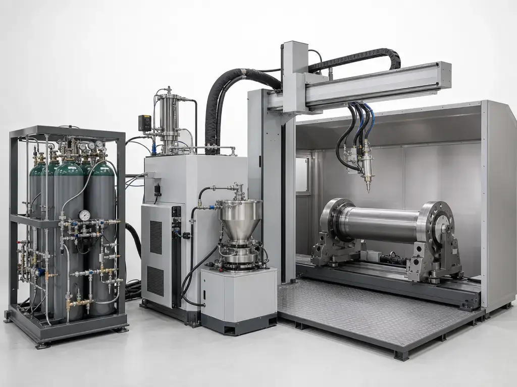 Commercial cold spray AM system render with gun, feeder, gas skid, heater, and work fixture.