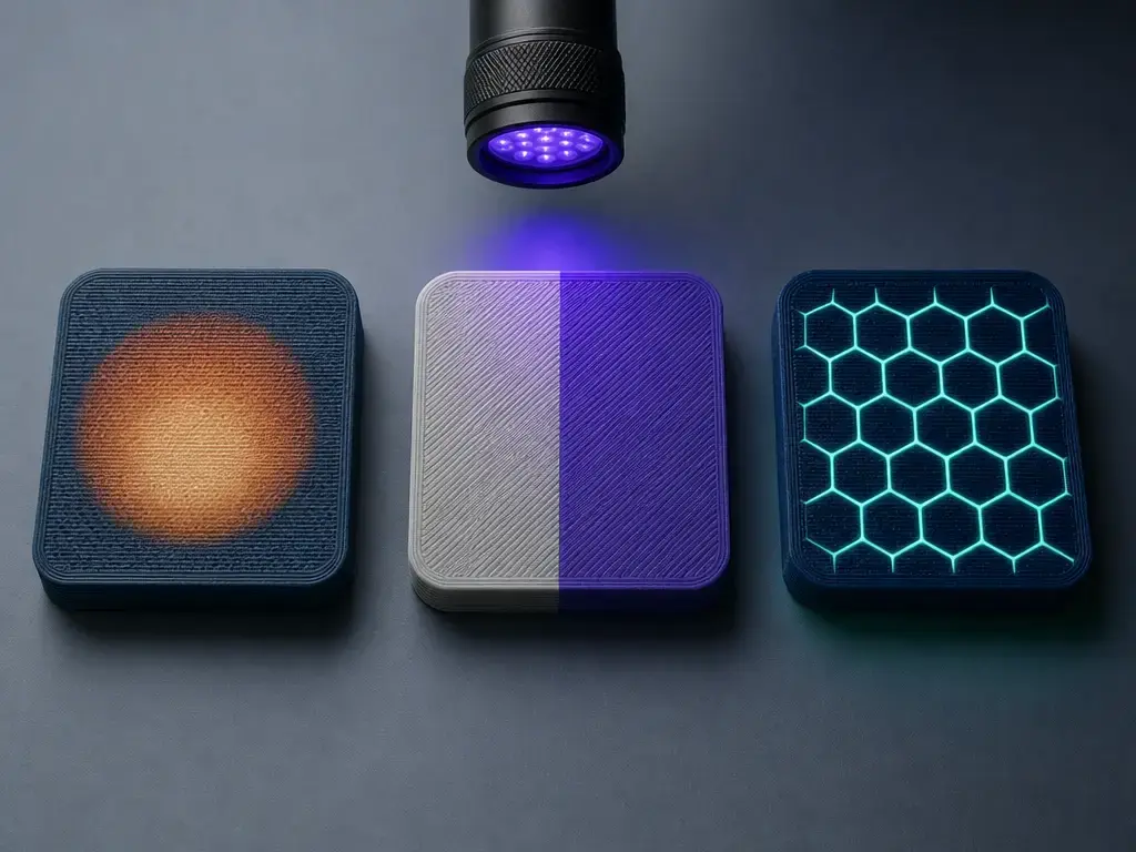 3D printed swatches showing thermochromic, photochromic, and glow filament effects