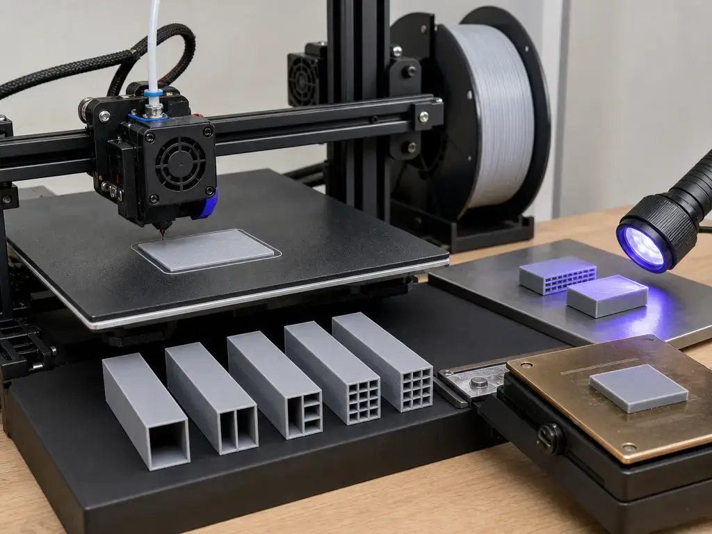 Calibration swatches for color changing filament beside UV and heat test tools