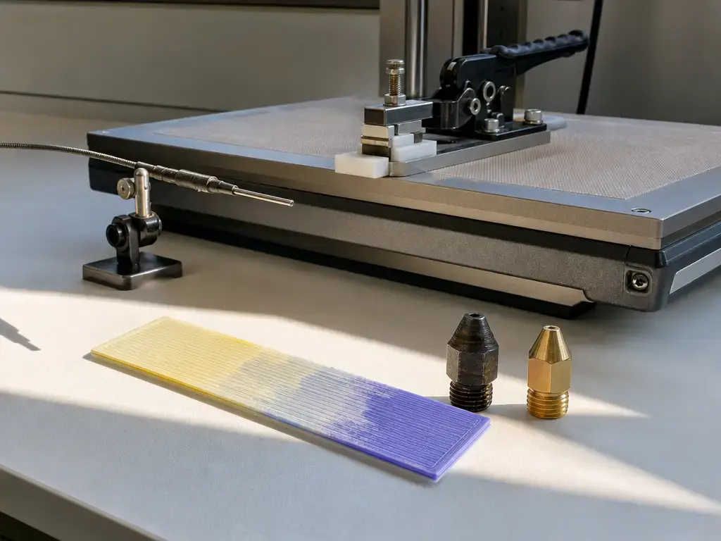 Printed color changing filament test part examined for heat limit, fading, and nozzle wear