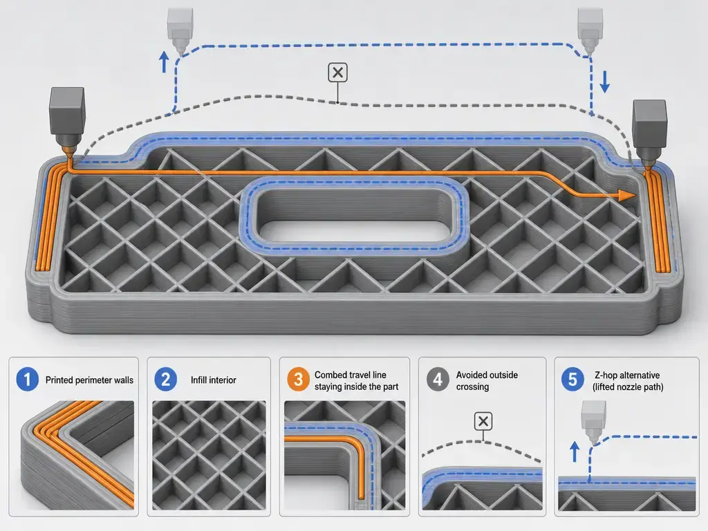Cura combing path inside a sliced 3D printed part