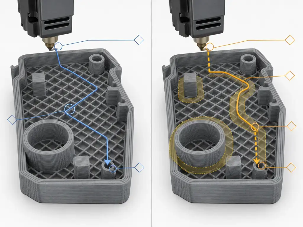 Comparison of Cura combing, retraction, and Z hop travel paths