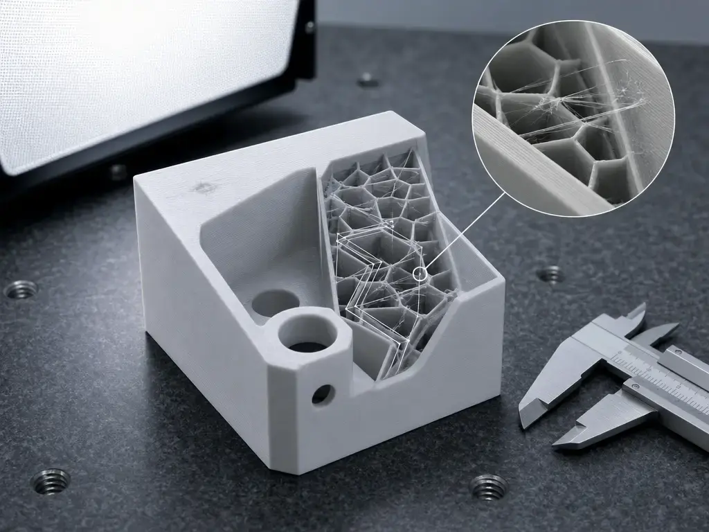 Metrology setup showing combing-related scuffs and witness marks on a 3D print