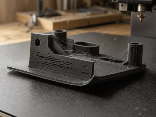 Failed filament 3D-print test part with warping, extrusion gaps, and stringing on a build plate.