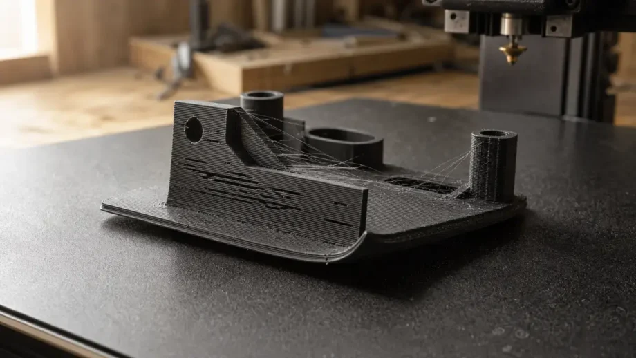 Failed filament 3D-print test part with warping, extrusion gaps, and stringing on a build plate.