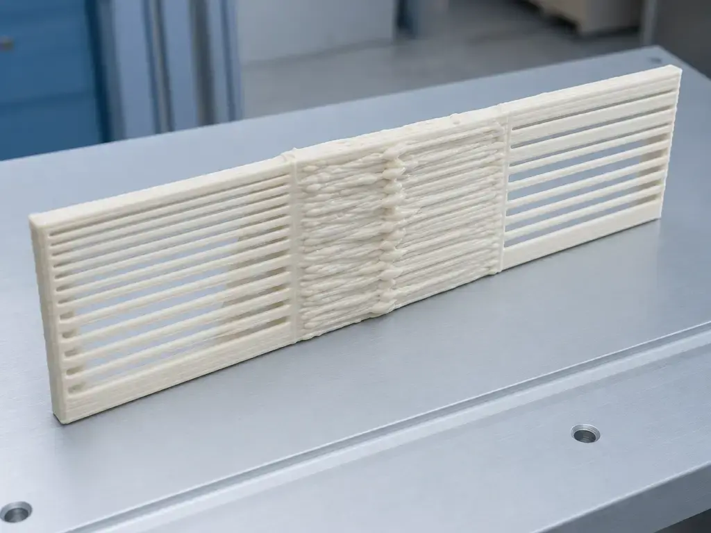 A single printed calibration wall with gaps, excess bead ridges, and alternating weak extrusion sections.