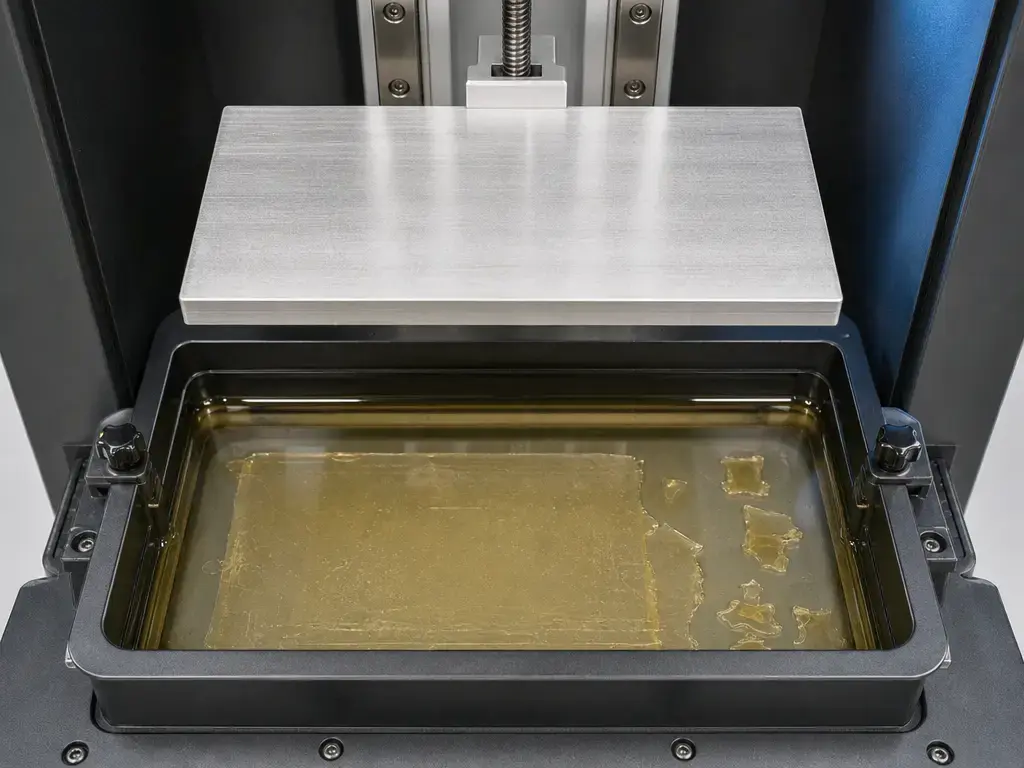 An empty raised build platform above a resin vat containing a flat cured sheet and separate cured debris.