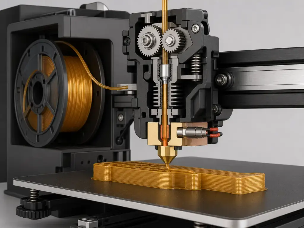 Vue en coupe d’une imprimante FDM montrant le trajet du filament, le hotend, la buse et le dépôt en couches