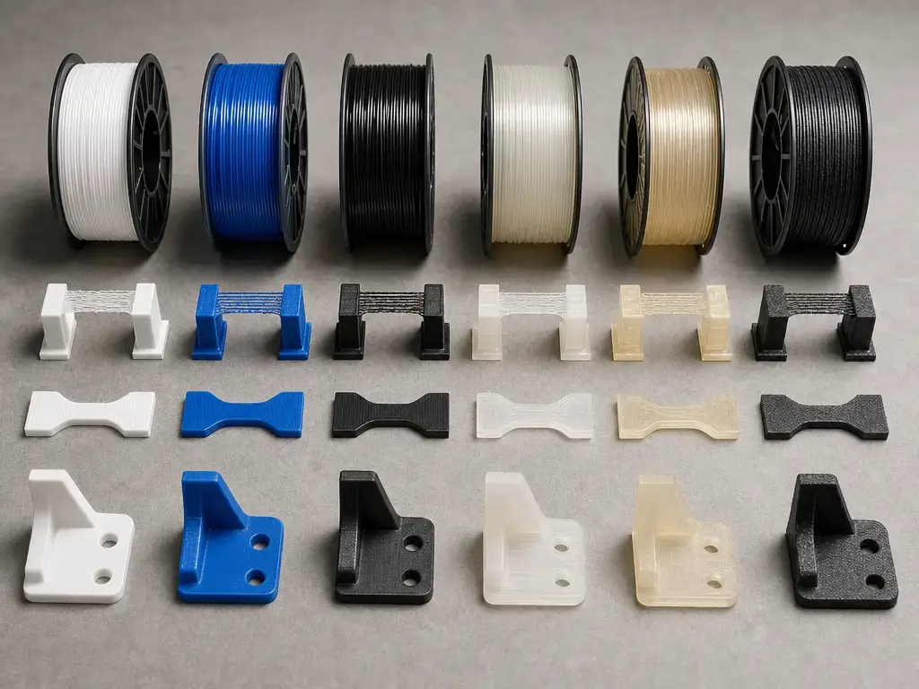 Comparaison de matériaux FDM avec bobines de filament et échantillons imprimés