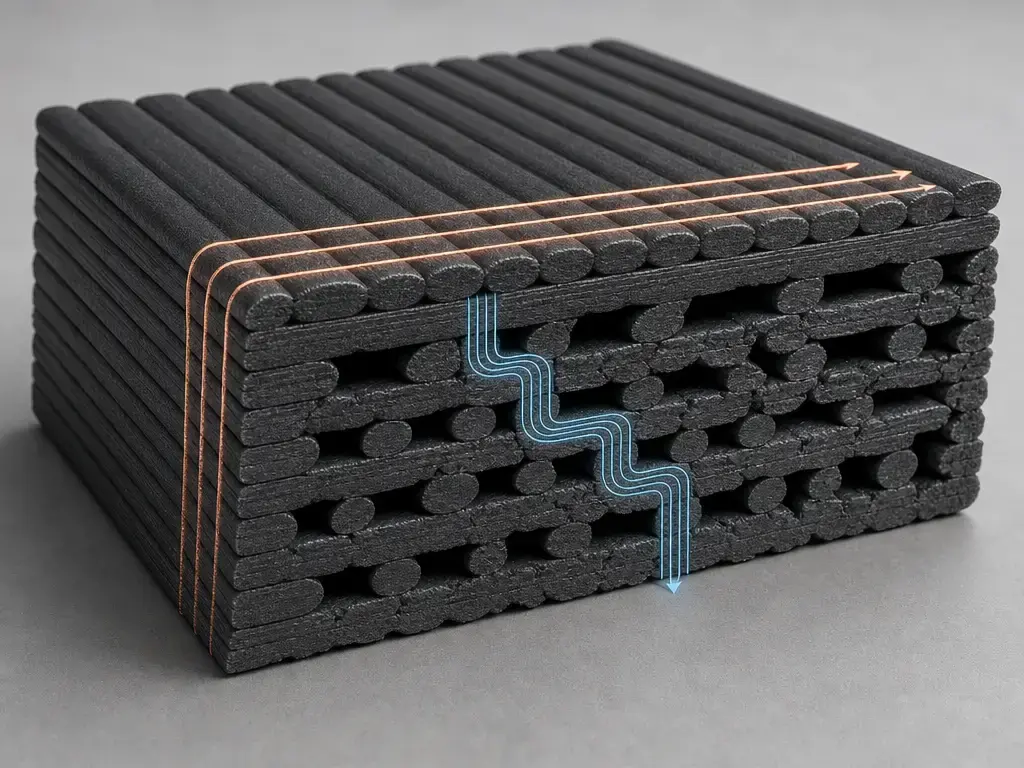cutaway of conductive PLA print showing anisotropic current paths across XY layers and Z direction