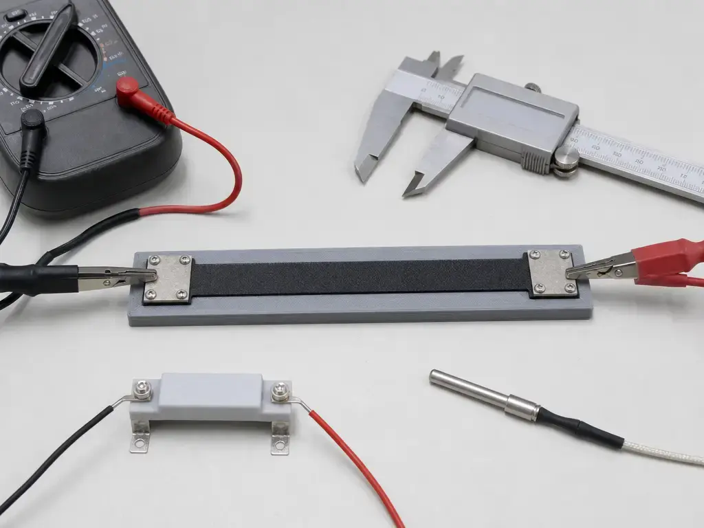 measurement setup for a 3D printed conductive trace coupon with multimeter and calipers