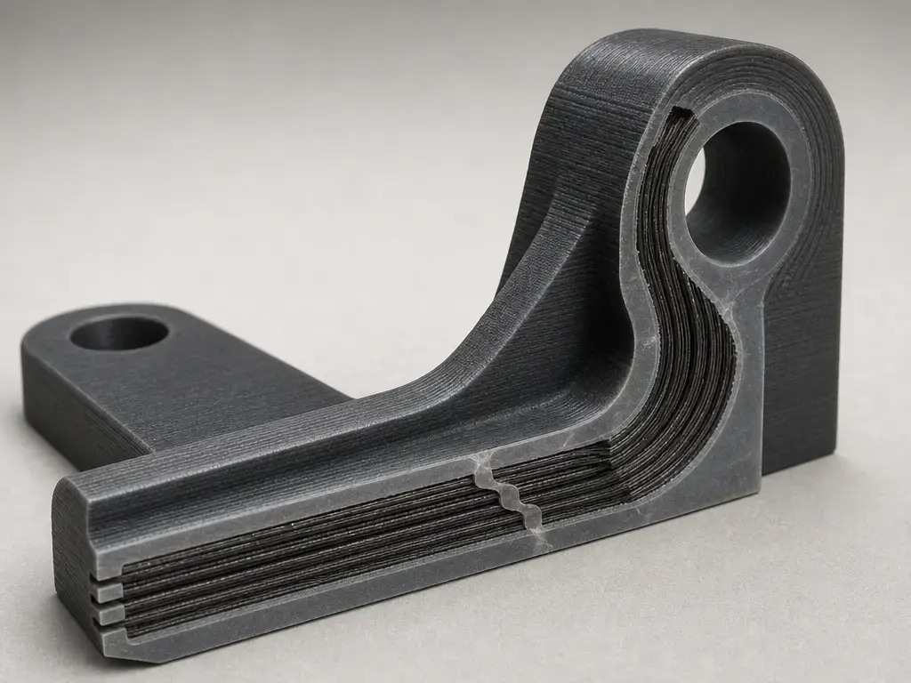Cutaway of continuous fiber 3D printed polymer part showing fiber paths inside the matrix