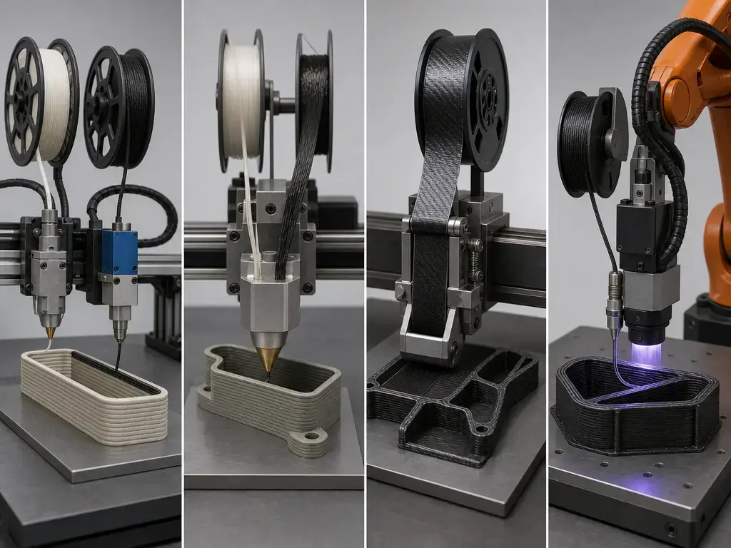 Comparison of continuous fiber 3D printing methods shown by deposition setup