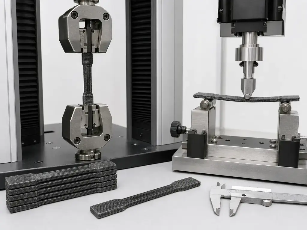Continuous fiber composite coupons in a tensile and flexural test setup
