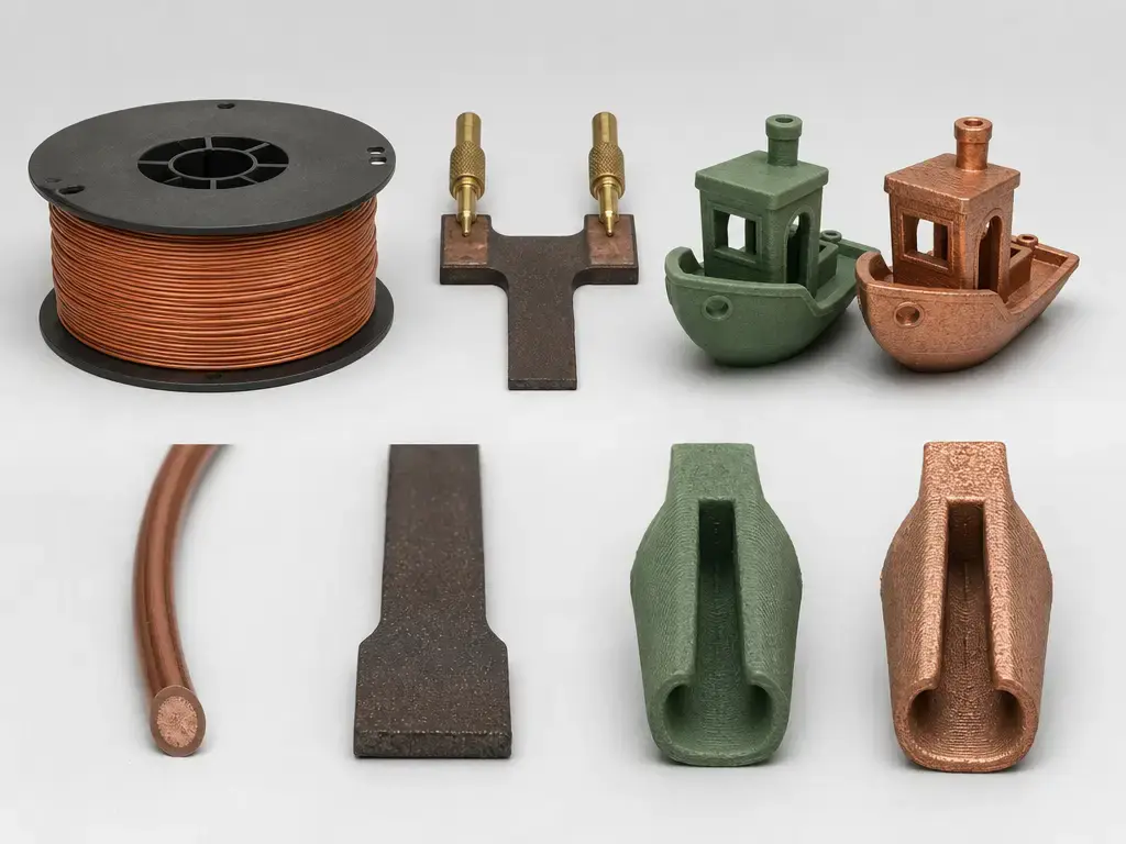Copper filament types shown as decorative, conductive, and bound-metal samples