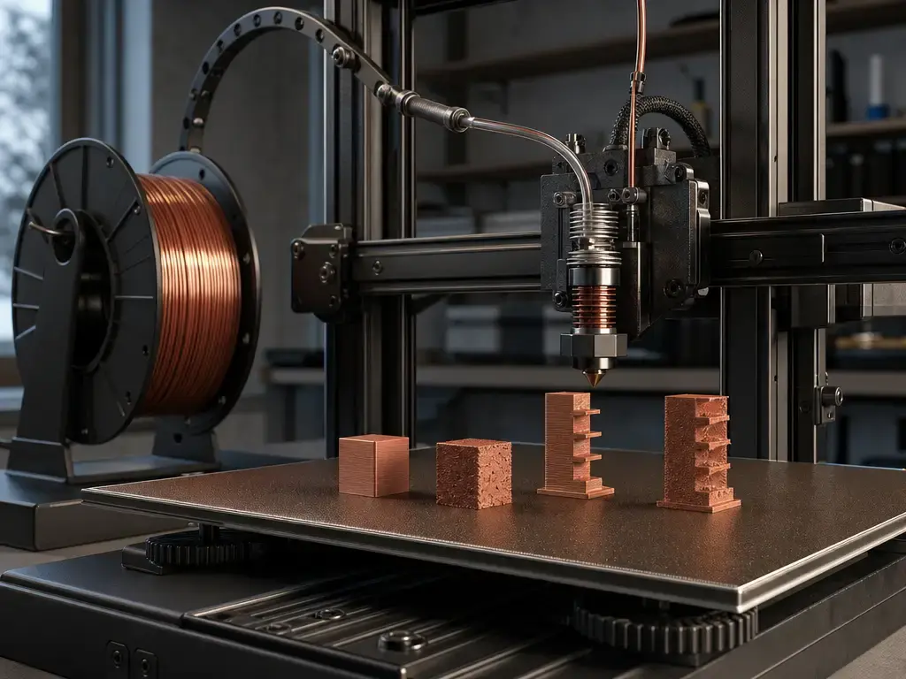 Copper filament print workflow with printer hardware and calibration test parts