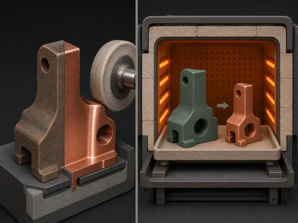 Copper filament post-processing cutaway showing polishing and sintering stages