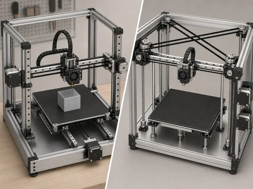 CoreXY belt path and Cartesian bed movement in a 3D printer cutaway