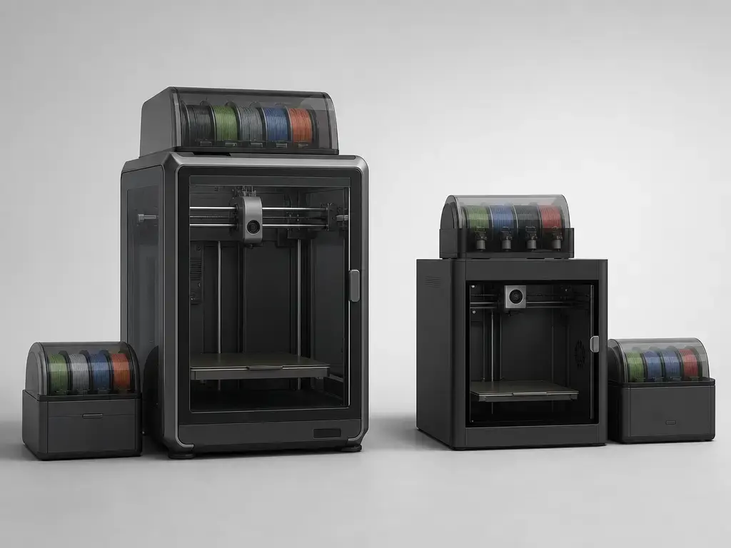Side-by-side enclosed CoreXY 3D printers for K2 and P1S size comparison