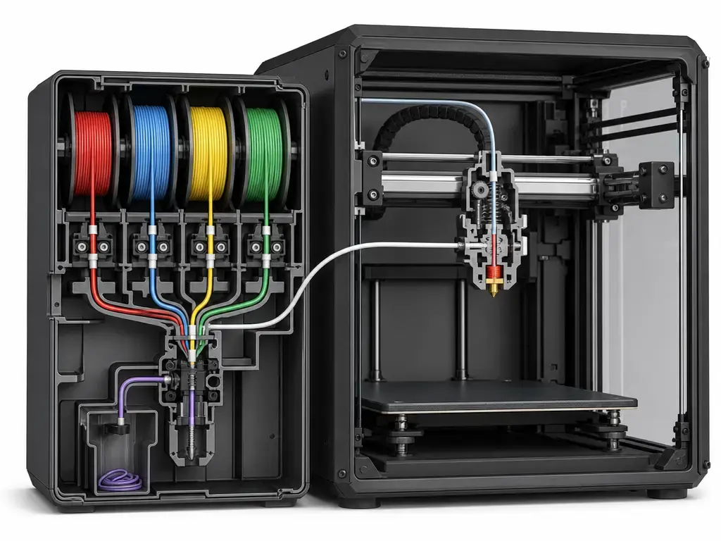 Four-slot multicolor feeder path routing into a single-nozzle enclosed 3D printer