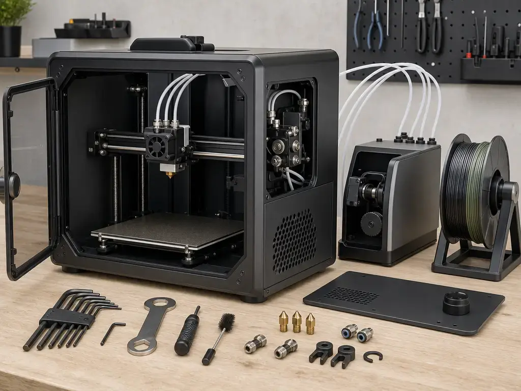 Maintenance workflow for enclosed multicolor filament printer with PTFE routing and nozzle access