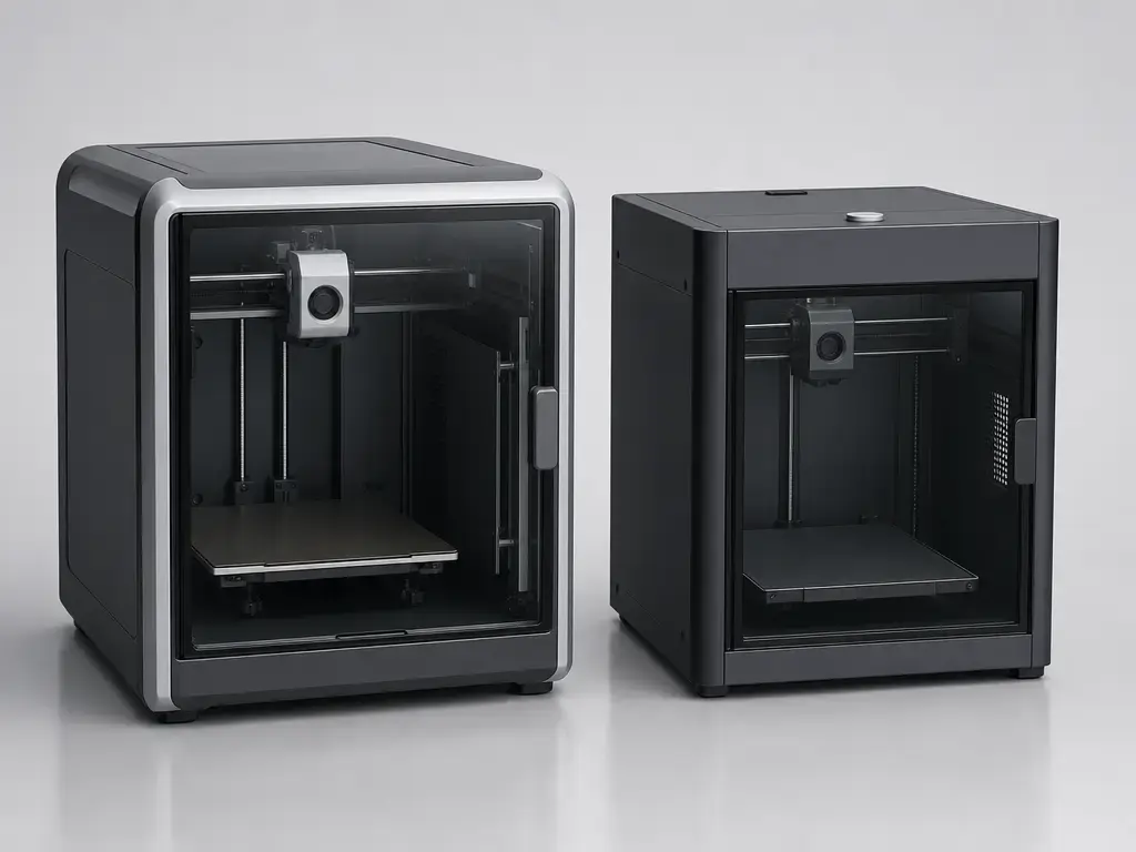 Side-by-side enclosed desktop 3D printers: Creality K2 base and Bambu Lab P1S