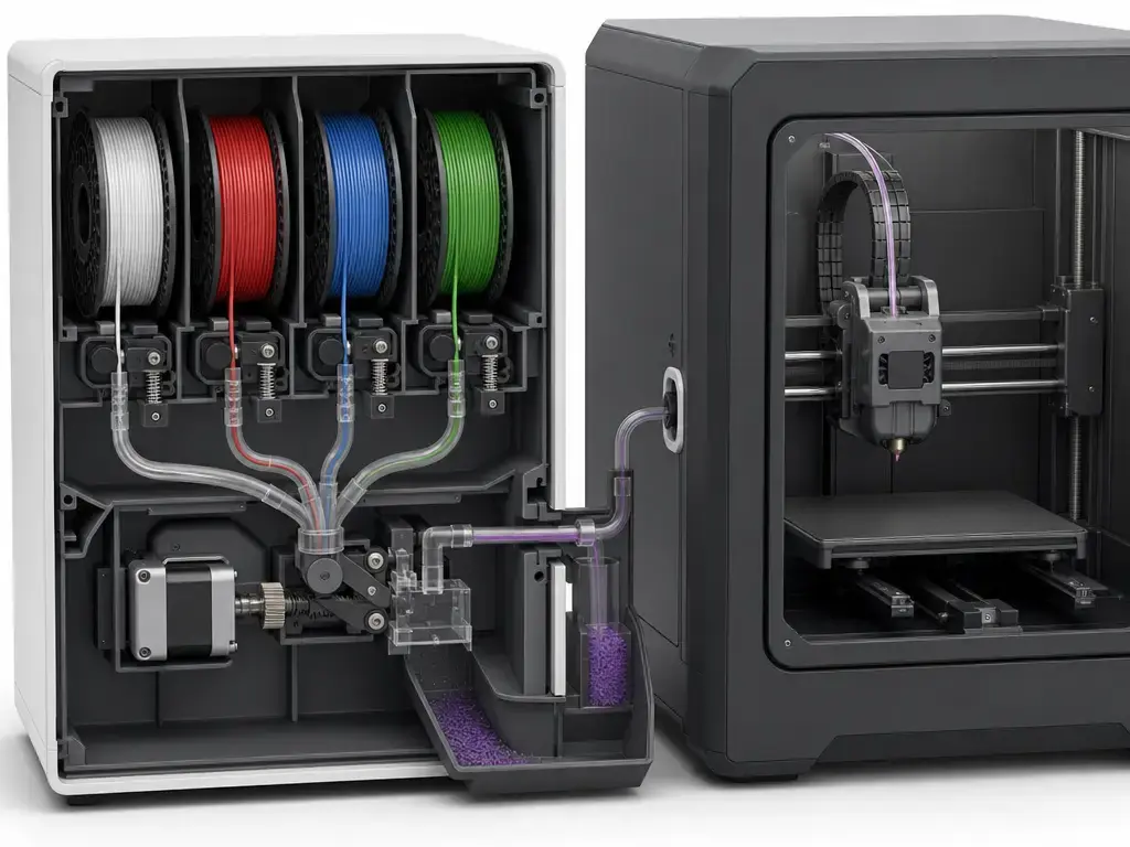 Cutaway of a four-slot filament switching system feeding a single-nozzle 3D printer