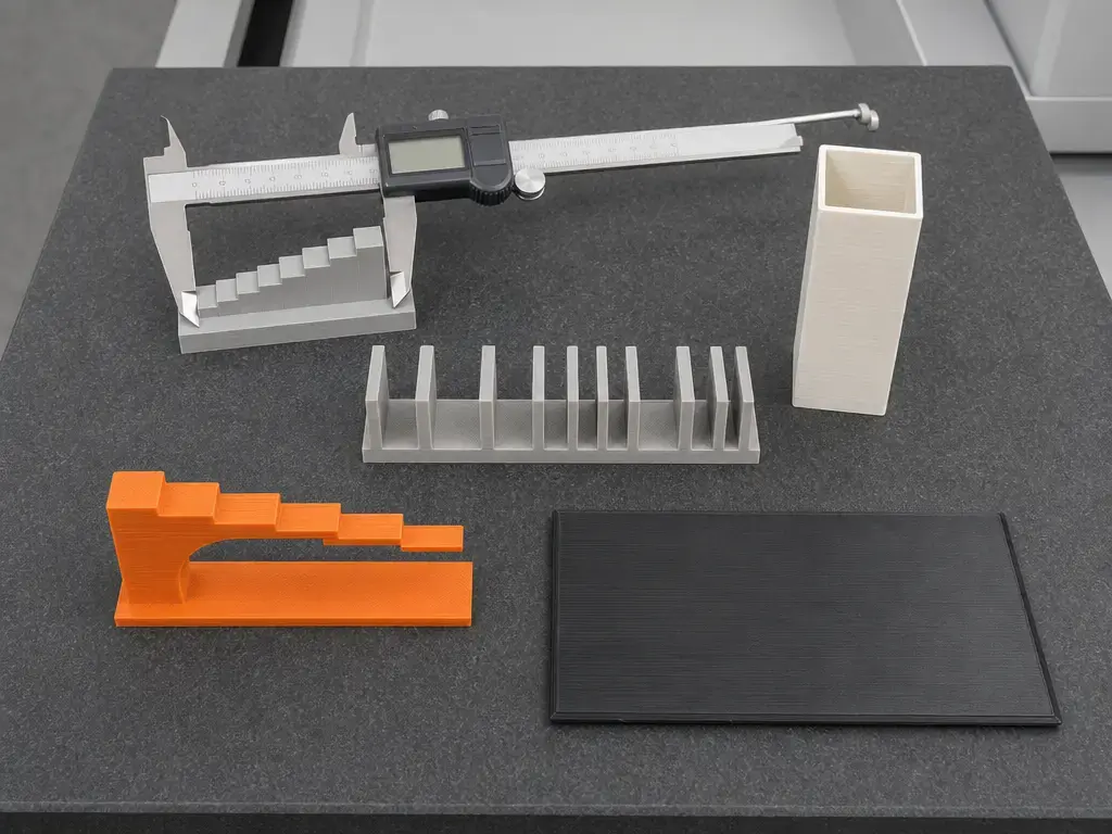 3D printing test artefacts measured with calipers on a reference plate