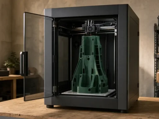 Large enclosed 3D printer producing a tall one-piece polymer housing in a workshop.
