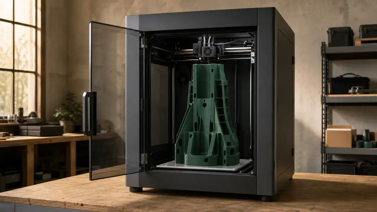 Large enclosed 3D printer producing a tall one-piece polymer housing in a workshop.