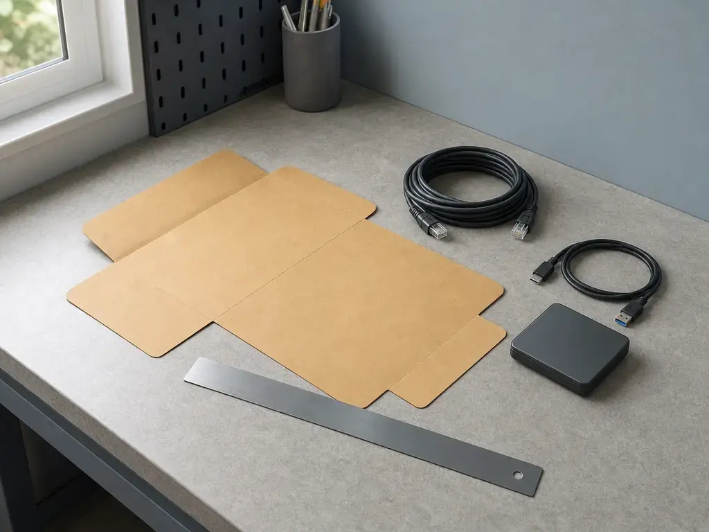 Bench-planning items including a blank paper footprint template, cables, ruler, and storage drive.