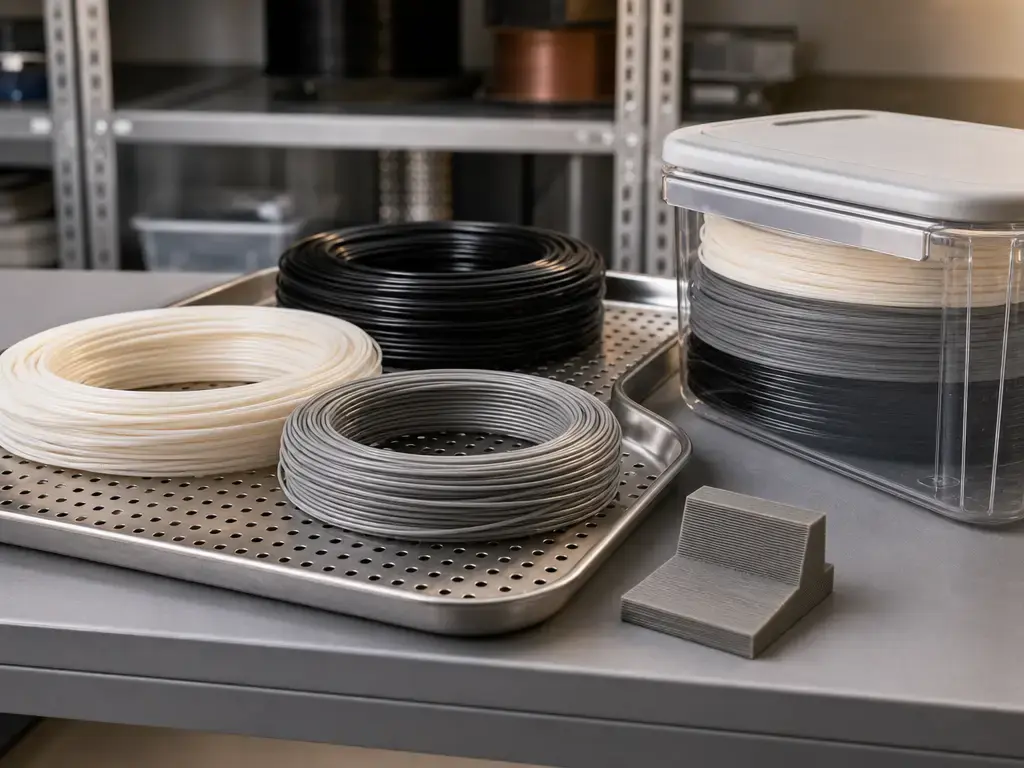 Unbranded filament coils, a drying tray, a sealed container, and a layered printed test coupon.