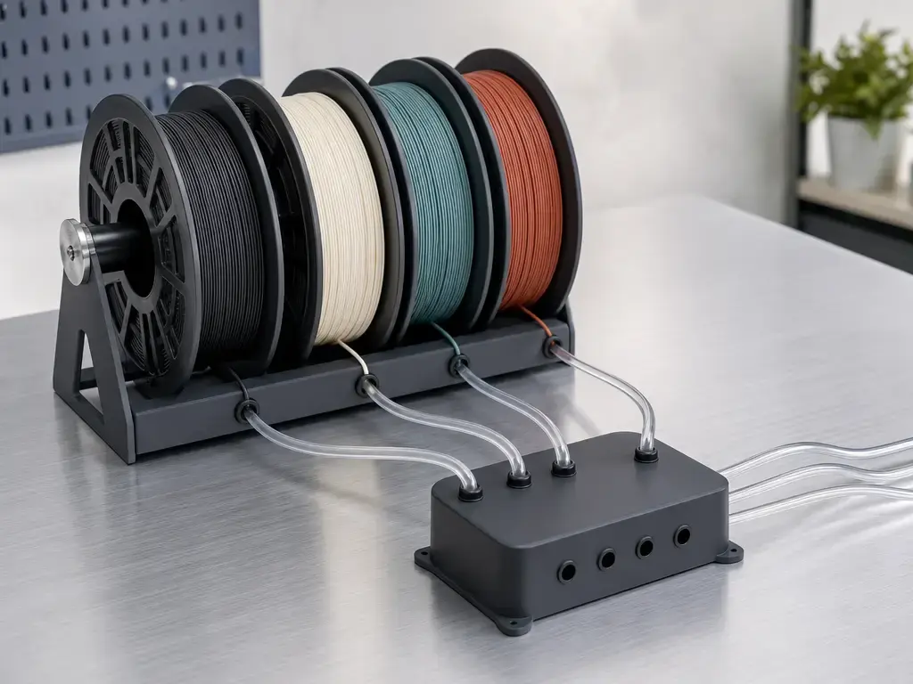 Four filament spools feeding through clear guide tubes into an unbranded routing module.