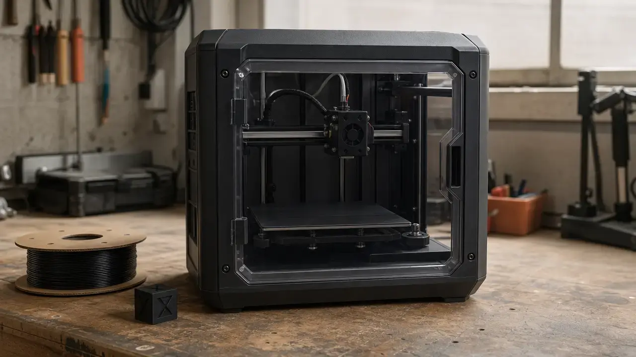 Enclosed desktop 3D printer with a small test cube and filament spool on a workshop bench.