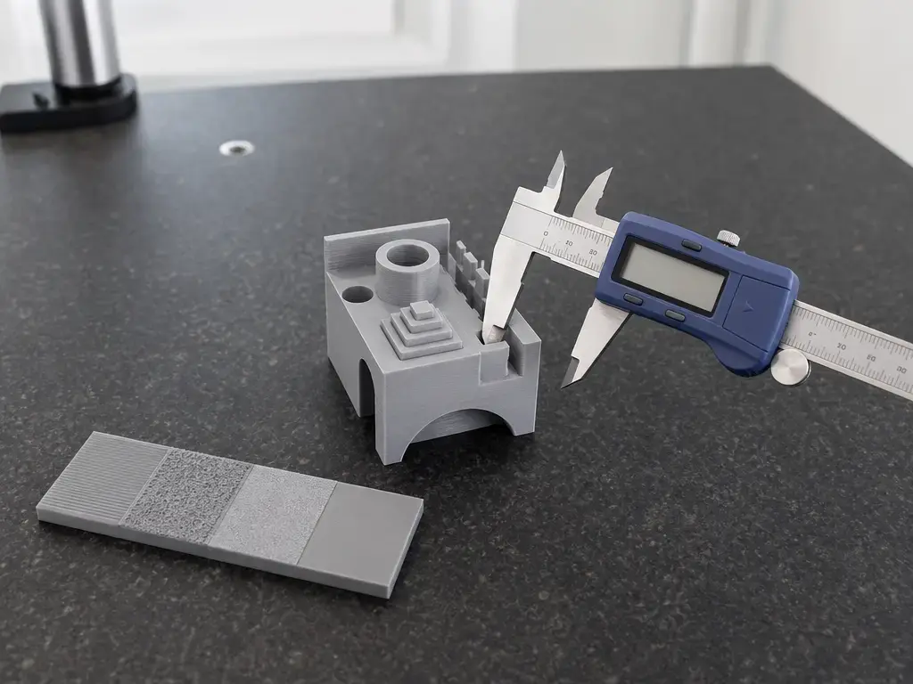 3D printed test artifact measured with calipers beside a surface finish sample