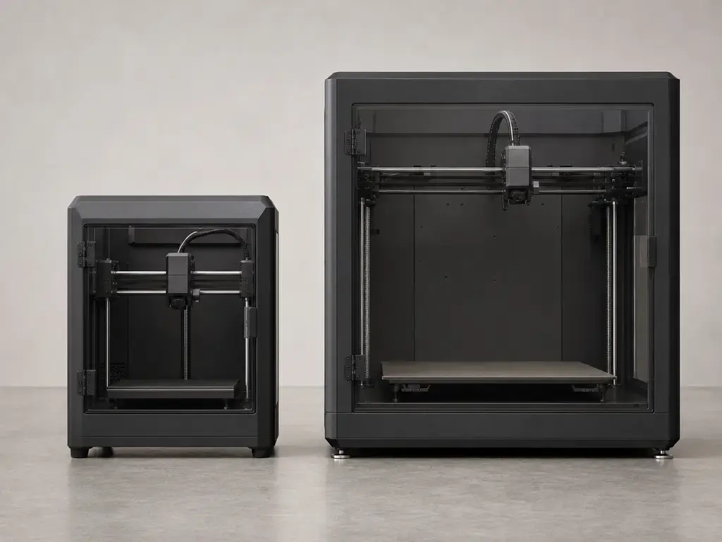 Two enclosed desktop 3D printers shown side by side with different chamber sizes