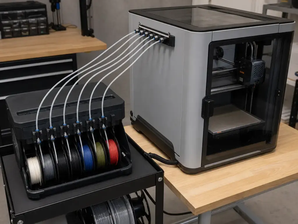 3D printer connected to an external multi-spool filament feeder with visible feed tubes