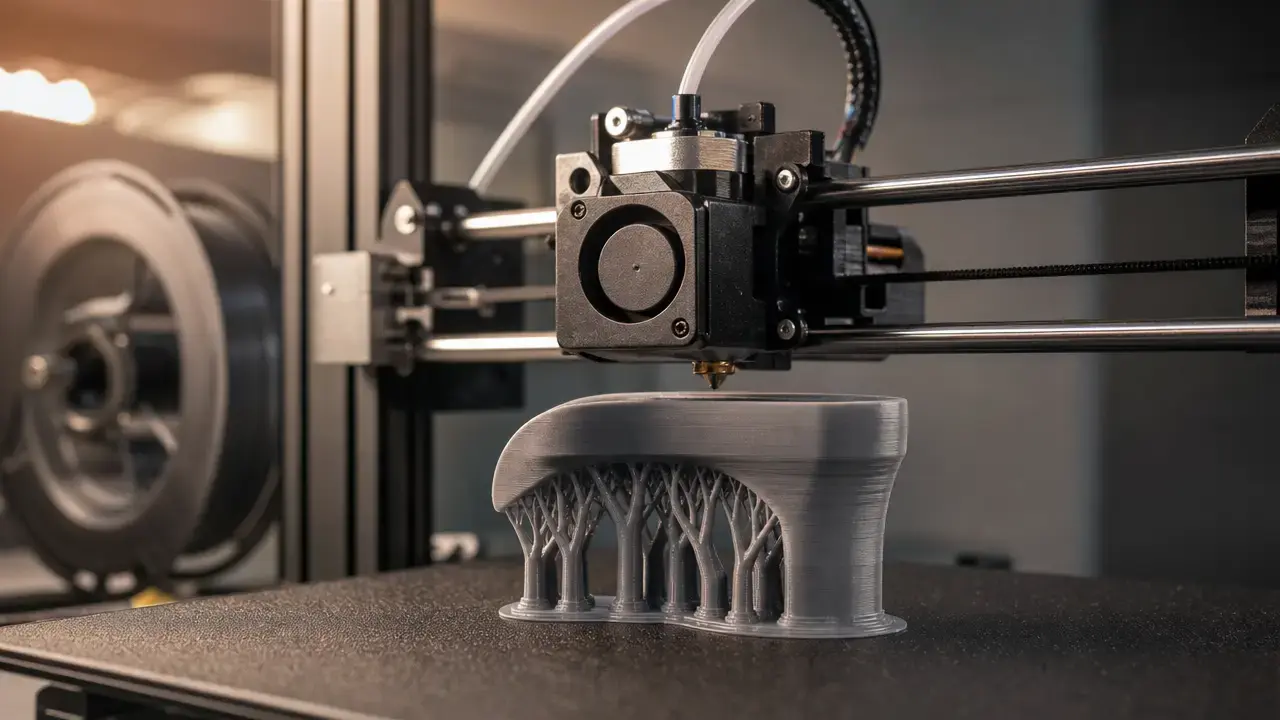 FDM printer depositing filament onto a supported curved test part with branching supports.