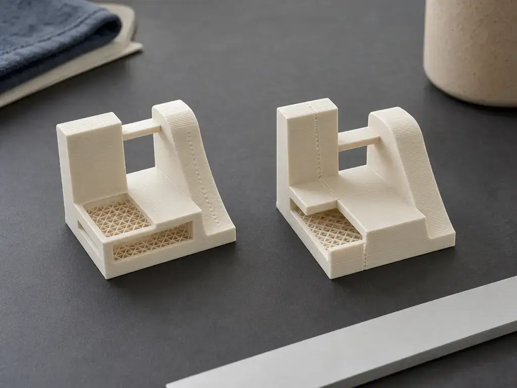Two matching ivory 3D-printed test specimens show layer lines, thin walls, seams, and bridge openings.