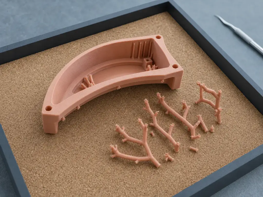 A curved 3D-printed test part sits beside detached branching supports and visible contact marks.