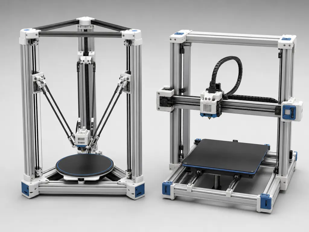 Delta printer towers and effector compared with a Cartesian gantry and moving bed.