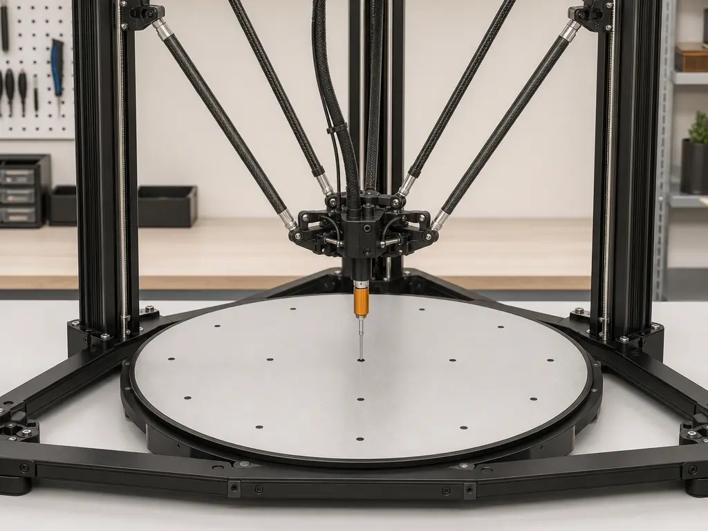 Delta printer probe calibration across a round bed with an offset probe and tower geometry visible.